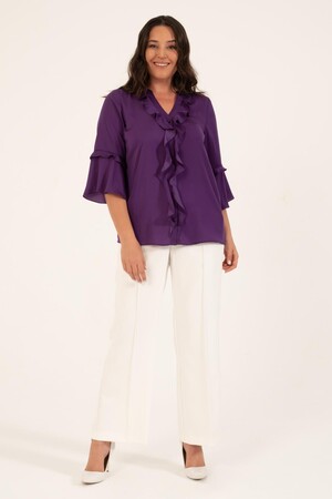 Blouse with Frilled Front and Flounce Sleeves - 2