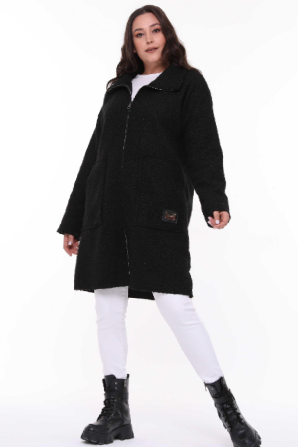 Hooded Boucle Plus Size Long Coat Black - 1