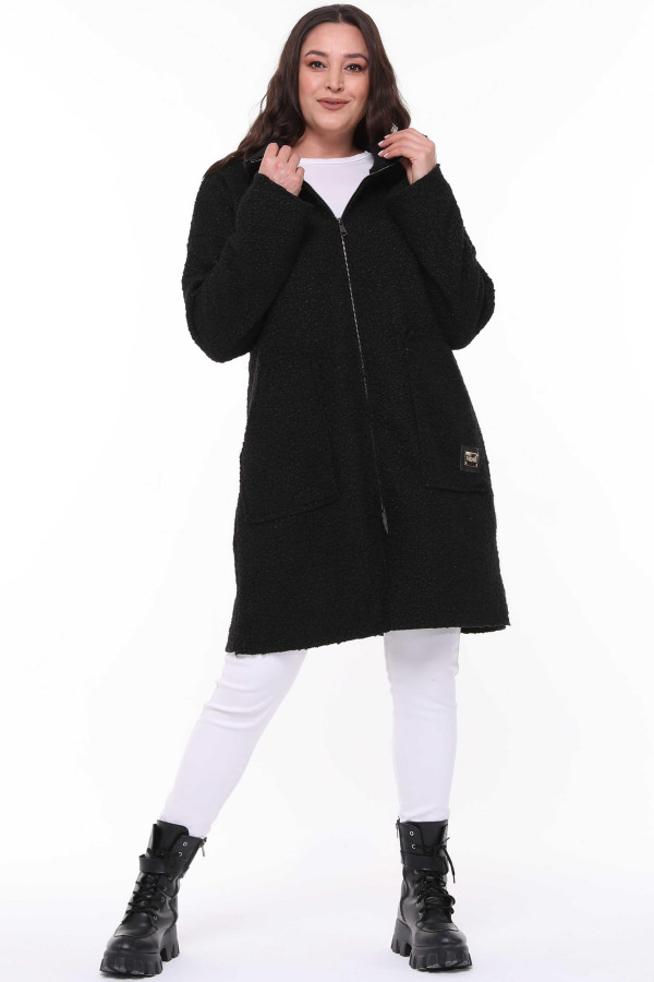 Hooded Boucle Plus Size Long Coat Black - 2