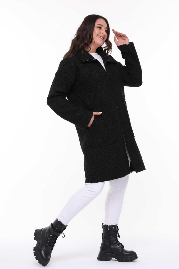 Hooded Boucle Plus Size Long Coat Black - 3