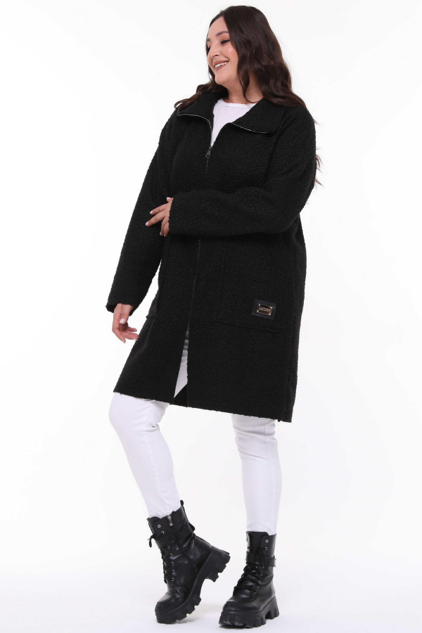 Hooded Boucle Plus Size Long Coat Black - 4