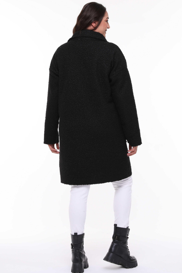 Hooded Boucle Plus Size Long Coat Black - 5