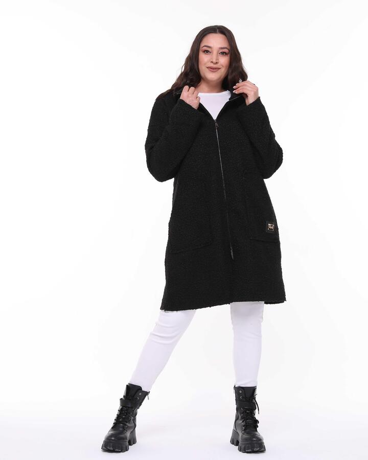 Hooded Boucle Plus Size Long Coat Black - 2