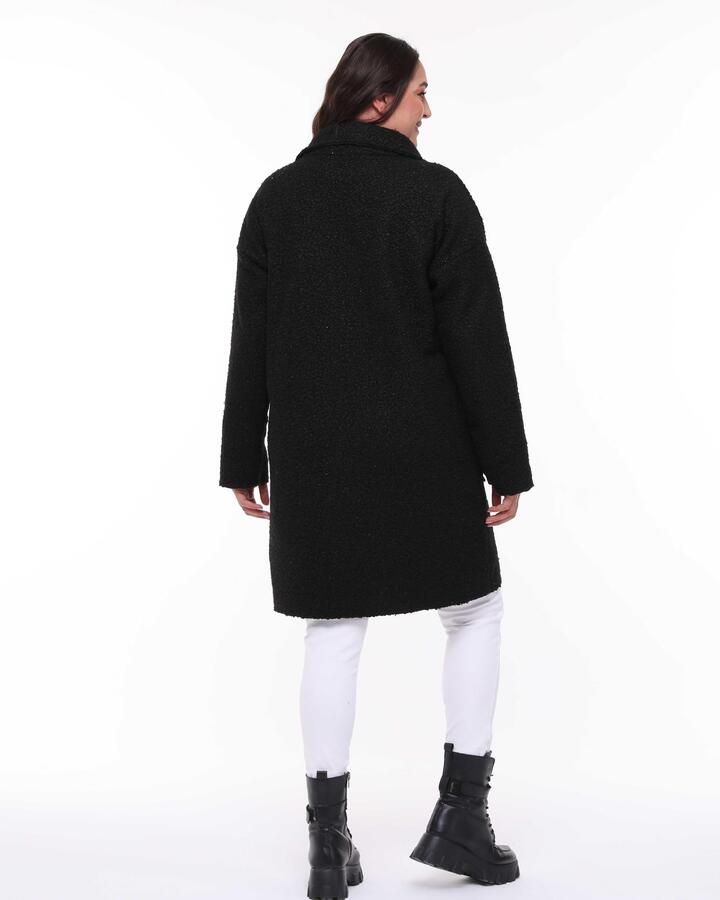 Hooded Boucle Plus Size Long Coat Black - 13