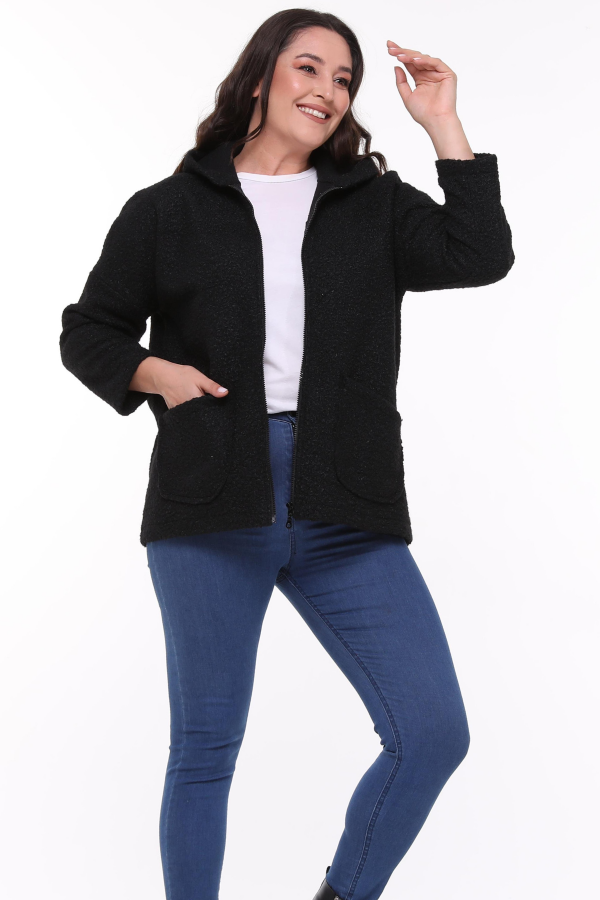 Hooded Boucle Plus Size Short Coat Black - 2