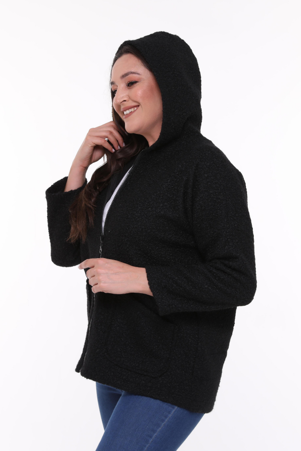 Hooded Boucle Plus Size Short Coat Black - 3