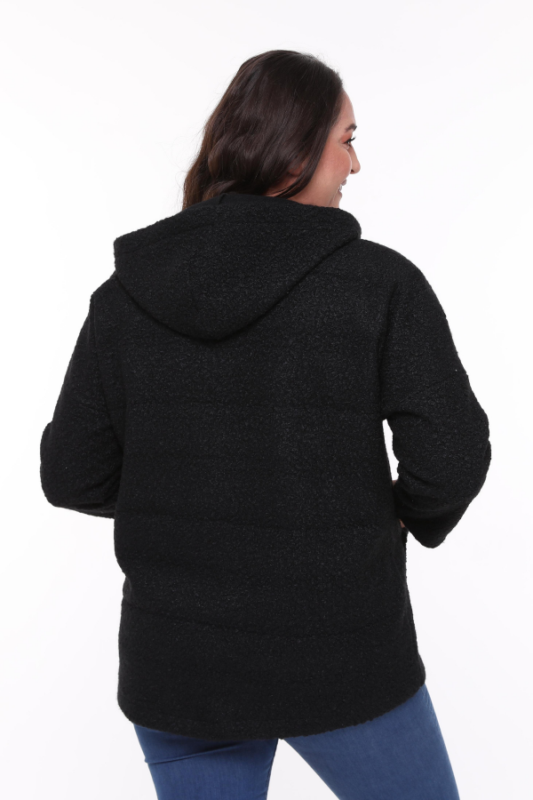 Hooded Boucle Plus Size Short Coat Black - 5