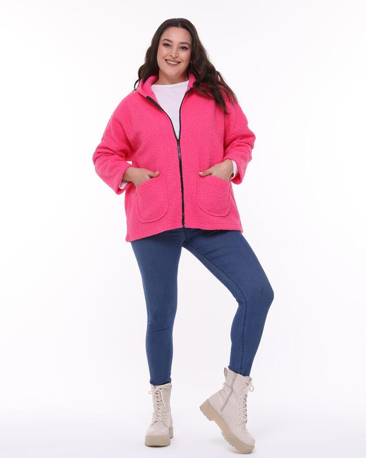 Hooded Boucle Plus Size Short Coat Pink - 1