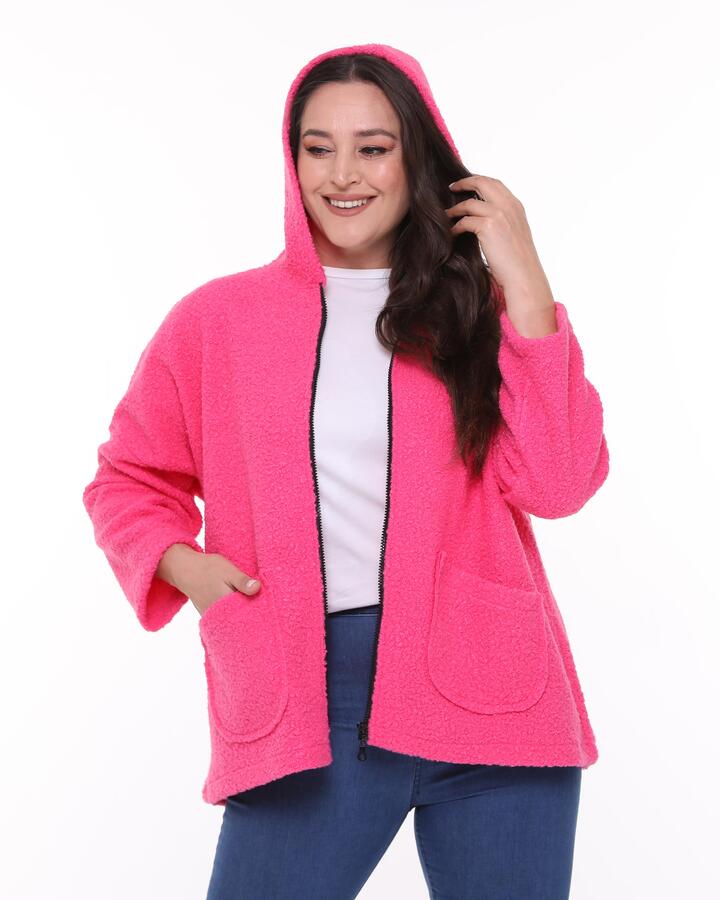 Hooded Boucle Plus Size Short Coat Pink - 2