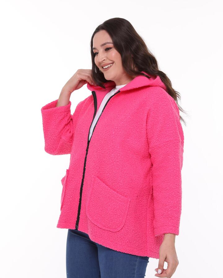 Hooded Boucle Plus Size Short Coat Pink - 3