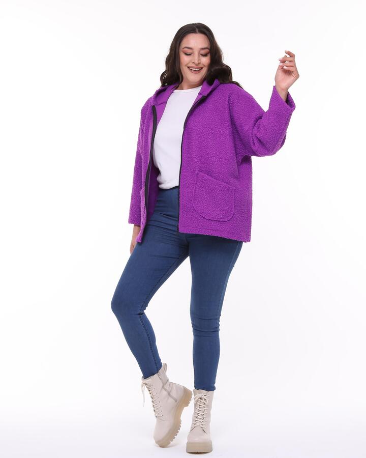 Hooded Boucle Plus Size Short Coat Purple - 1