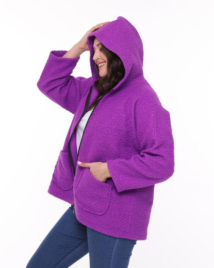 Hooded Boucle Plus Size Short Coat Purple - 3