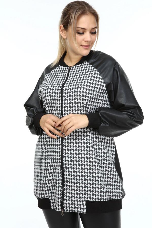 Houndstooth Garnished Plus Size Leather Coat Black - 1