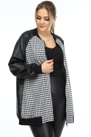Houndstooth Garnished Plus Size Leather Coat Black - 2
