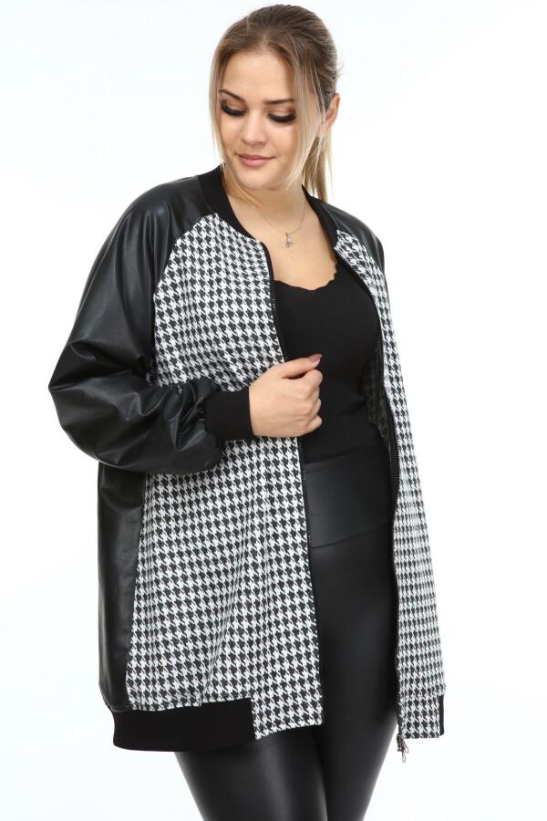 Houndstooth Garnished Plus Size Leather Coat Black - 2
