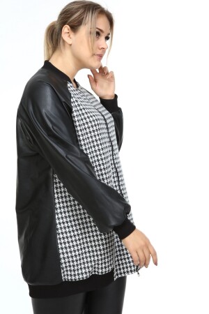 Houndstooth Garnished Plus Size Leather Coat Black - 3