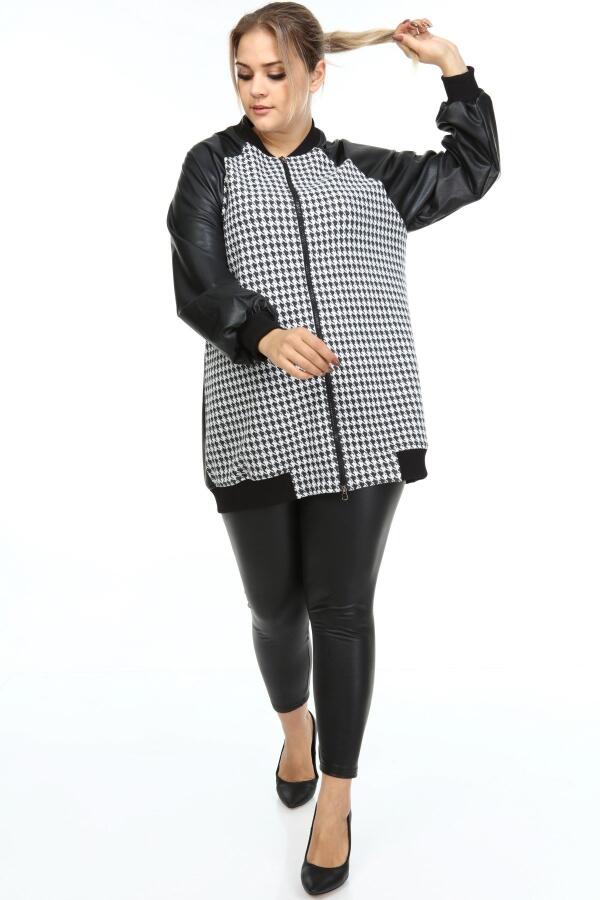 Houndstooth Garnished Plus Size Leather Coat Black - 4