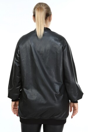 Houndstooth Garnished Plus Size Leather Coat Black - 5