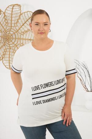 İ Love Baskılı Büyük Beden Tişört Ekru - RMG