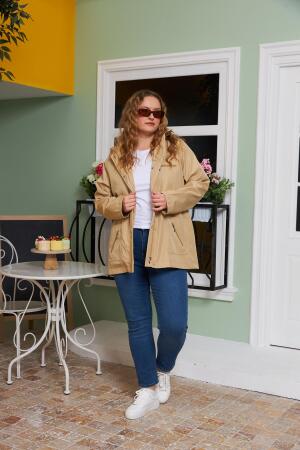 İç Astar Ekose Detaylı Büyük Beden Bej Trençkot - 5