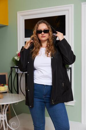 İç Astar Ekose Detaylı Büyük Beden Siyah Trençkot - RMG