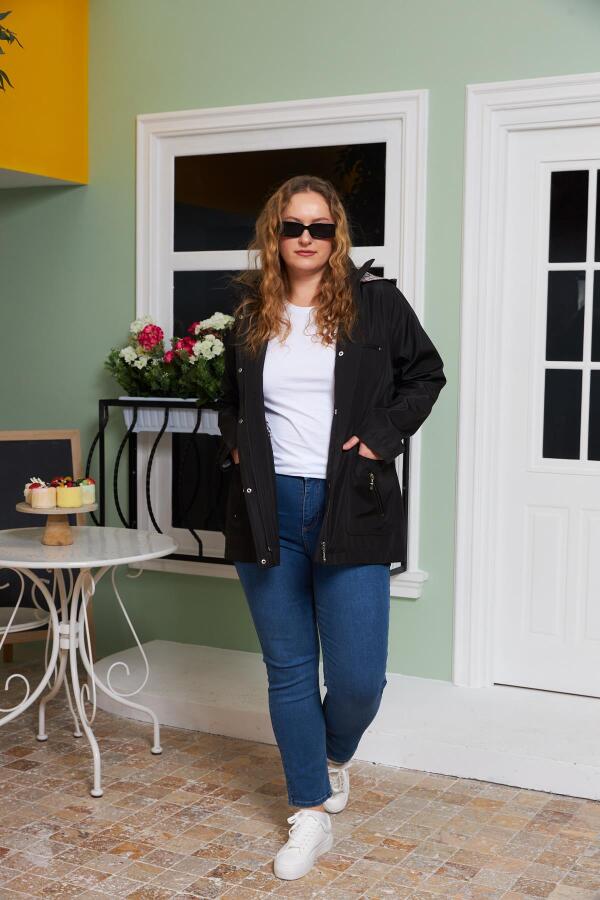 İç Astar Ekose Detaylı Büyük Beden Siyah Trençkot - 5