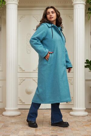 İçi Kapitone Büyük Beden Kapşonlu Turkuaz Kaban - RMG (1)