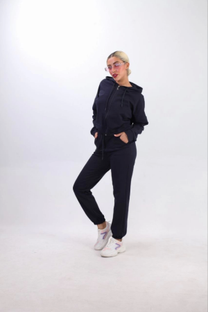 Iki Iplik Kapüşonlu Fermuarlı Crop Oversize Hırka Takım- Lacivert - ANGELINO BuyukBedeniz