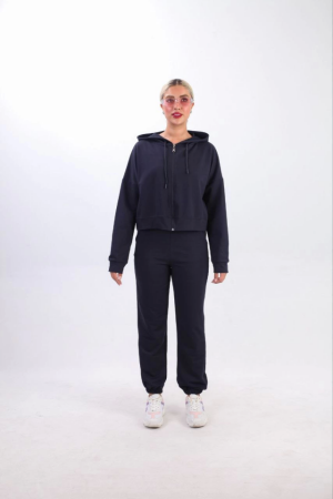 Iki Iplik Kapüşonlu Fermuarlı Crop Oversize Hırka Takım- Lacivert - ANGELINO BuyukBedeniz (1)