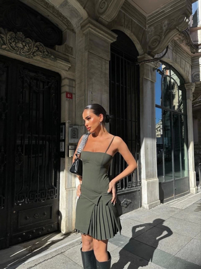 İki Parçalı Pileli Askılı Mini Elbise - Haki - 2