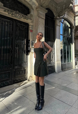 İki Parçalı Pileli Askılı Mini Elbise - Haki - 3