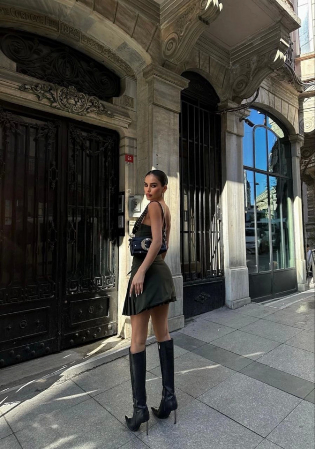 İki Parçalı Pileli Askılı Mini Elbise - Haki - 4