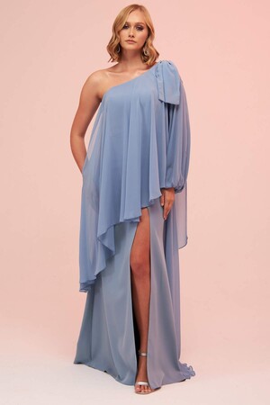 Indigo Single Sleeve Slit Plus Size Chiffon Evening Dress - 1