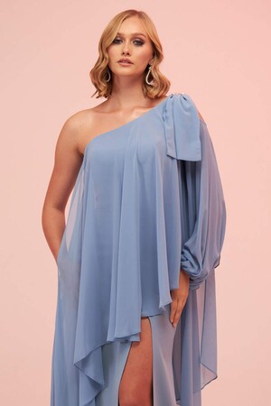 Indigo Single Sleeve Slit Plus Size Chiffon Evening Dress - 2
