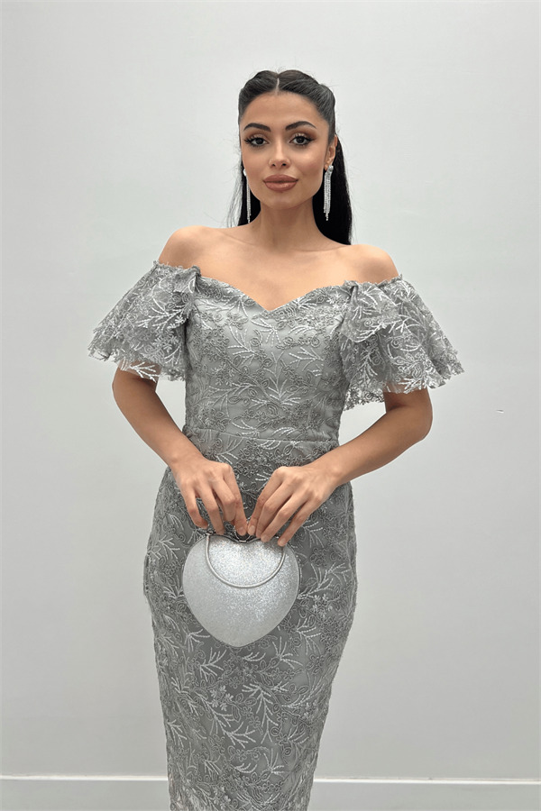 İşleme Dantel Kumaş Kayık Yaka Kalem Elbise - GRİ - 3