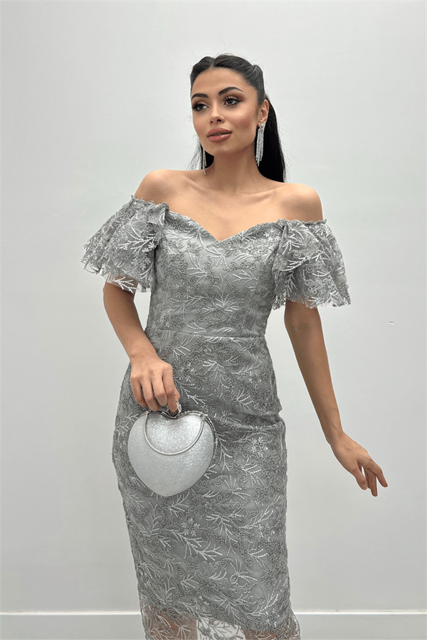 İşleme Dantel Kumaş Kayık Yaka Kalem Elbise - GRİ - 4