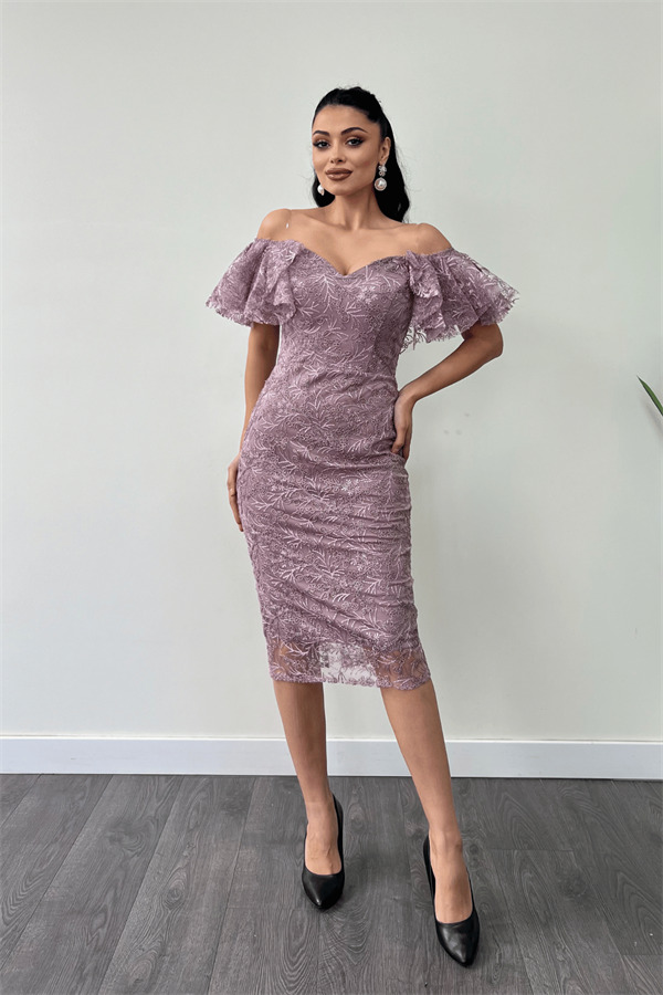 İşleme Dantel Kumaş Kayık Yaka Kalem Elbise - GÜL KURUSU - 1