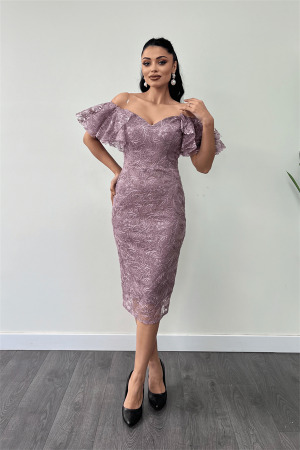 İşleme Dantel Kumaş Kayık Yaka Kalem Elbise - GÜL KURUSU - Angelino Moda (1)