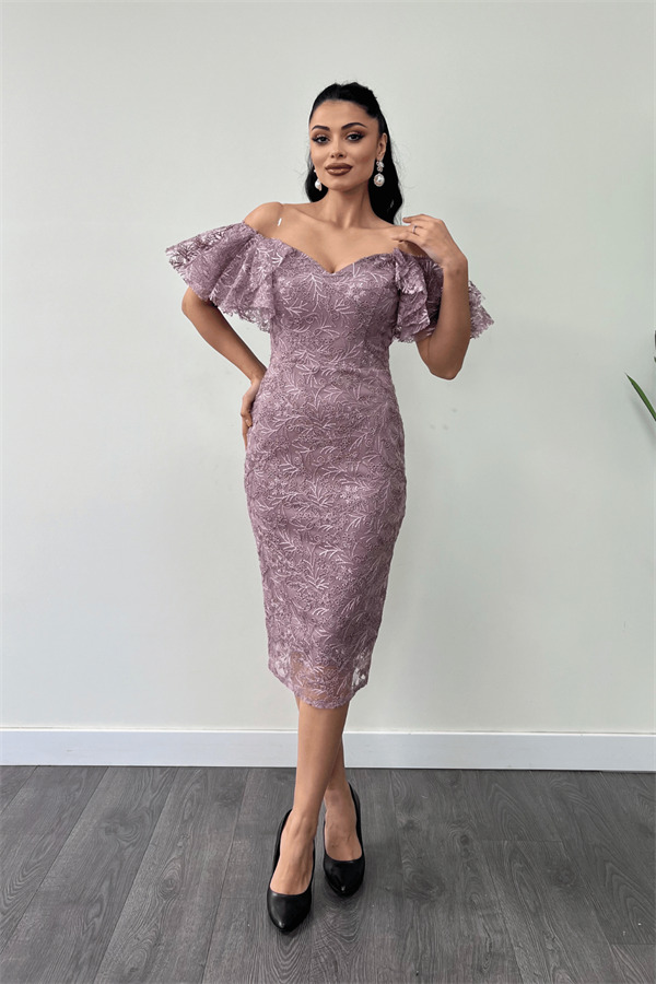 İşleme Dantel Kumaş Kayık Yaka Kalem Elbise - GÜL KURUSU - 2