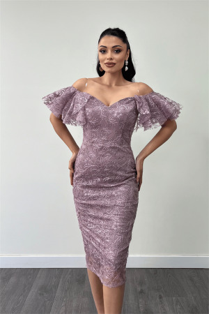 İşleme Dantel Kumaş Kayık Yaka Kalem Elbise - GÜL KURUSU - 3