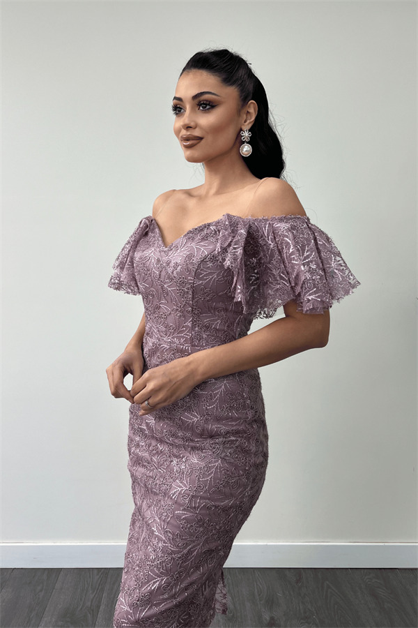 İşleme Dantel Kumaş Kayık Yaka Kalem Elbise - GÜL KURUSU - 4