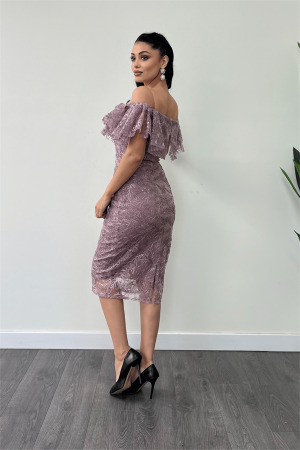 İşleme Dantel Kumaş Kayık Yaka Kalem Elbise - GÜL KURUSU - 5