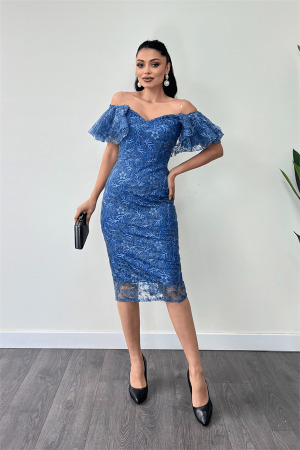 İşleme Dantel Kumaş Kayık Yaka Kalem Elbise - İNDİGO MAVİ - Angelino Moda