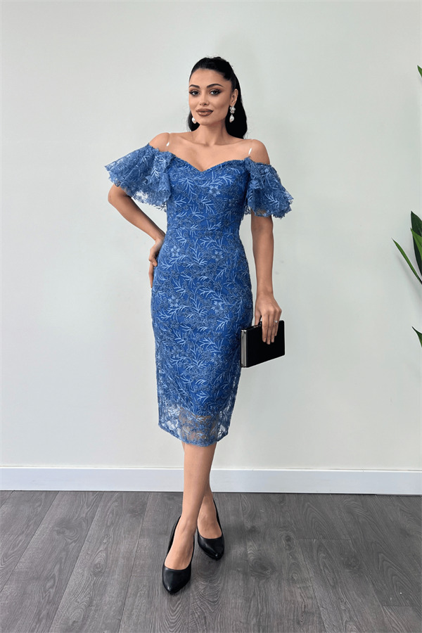 İşleme Dantel Kumaş Kayık Yaka Kalem Elbise - İNDİGO MAVİ - 2