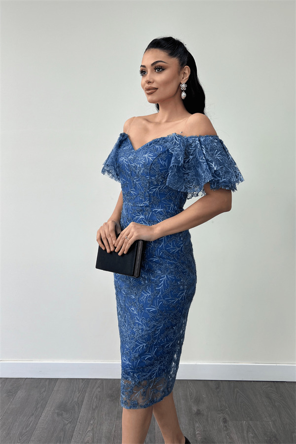 İşleme Dantel Kumaş Kayık Yaka Kalem Elbise - İNDİGO MAVİ - 3