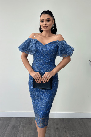 İşleme Dantel Kumaş Kayık Yaka Kalem Elbise - İNDİGO MAVİ - 4