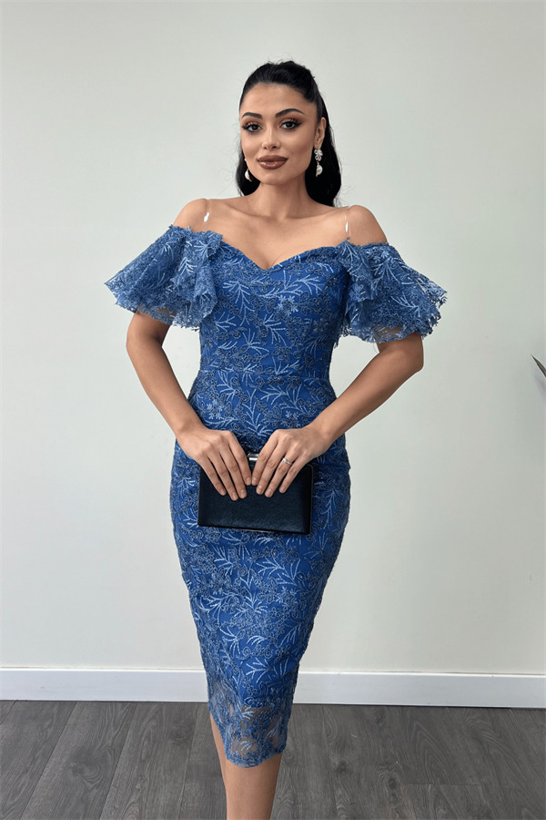 İşleme Dantel Kumaş Kayık Yaka Kalem Elbise - İNDİGO MAVİ - 4