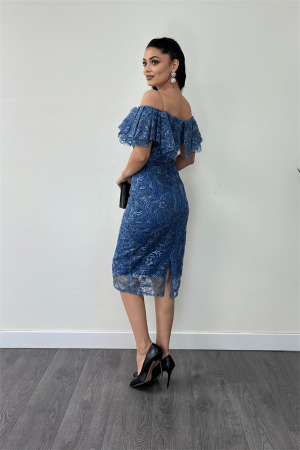 İşleme Dantel Kumaş Kayık Yaka Kalem Elbise - İNDİGO MAVİ - 5