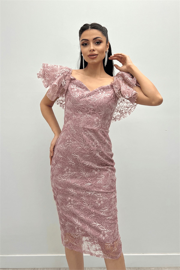 İşleme Dantel Kumaş Kayık Yaka Kalem Elbise - PUDRA - 3