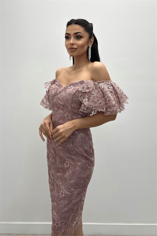 İşleme Dantel Kumaş Kayık Yaka Kalem Elbise - PUDRA - 4